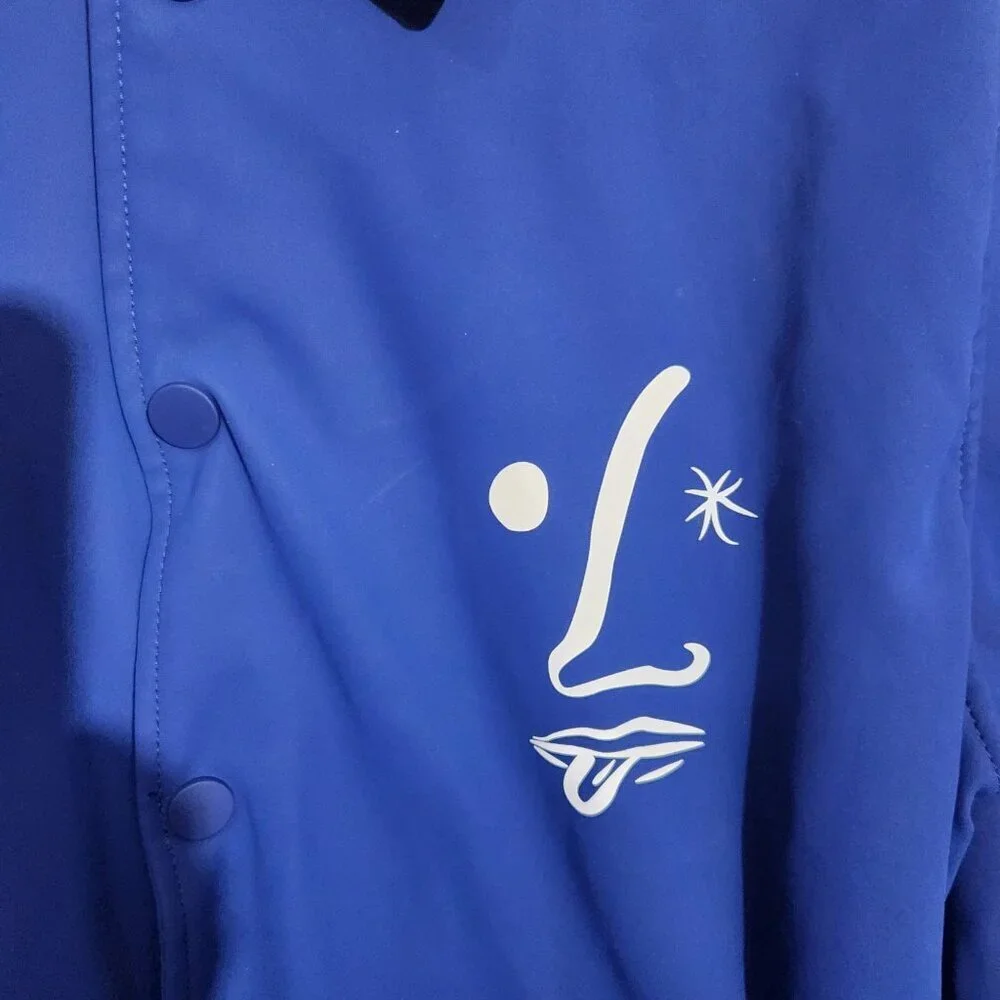 Zara Mens Blue Graphic Lightweight Jacket With Snap Buttons & Face Design